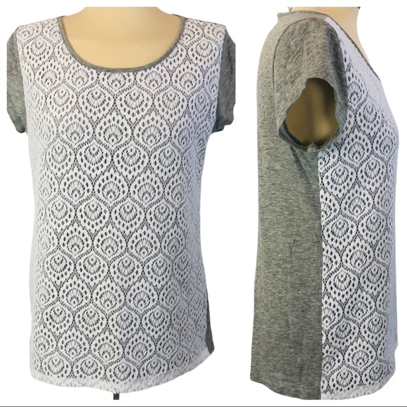 LIZ ClAIBORNE Gray Top w Lace overlay Round neck, Short sleeves, Front lined M - Picture 4 of 6